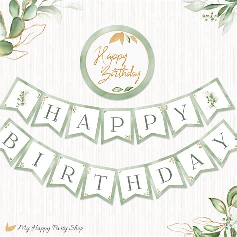 Sage Happy Birthday Banner PRINTABLE Olive Green And Gold Birthday