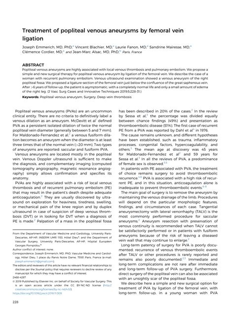 PDF Treatment Of Popliteal Venous Aneurysms By Femoral Vein Ligation