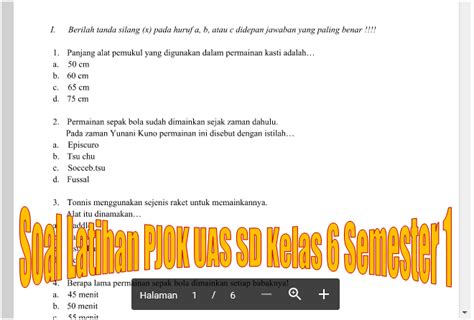 Soal Latihan PJOK UAS SD Kelas 6 Semester 1