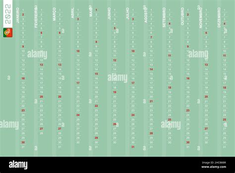 Calendario vertical de una fila para el año 2022 en portugués
