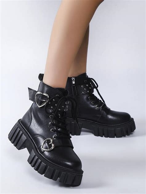 Buckle Studded Decor Lace Up Front Zipper Side Combat Boots Black