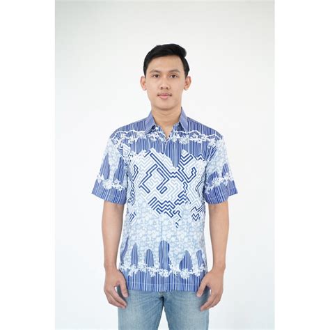 jual karunia batik biru slirit kemeja batik modern pria reguler fit