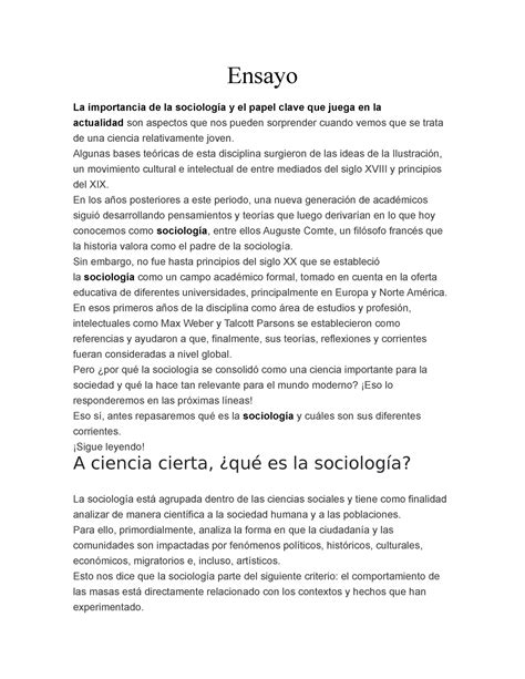 Ensayo de la sociologia Ensayo La importancia de la sociología y el