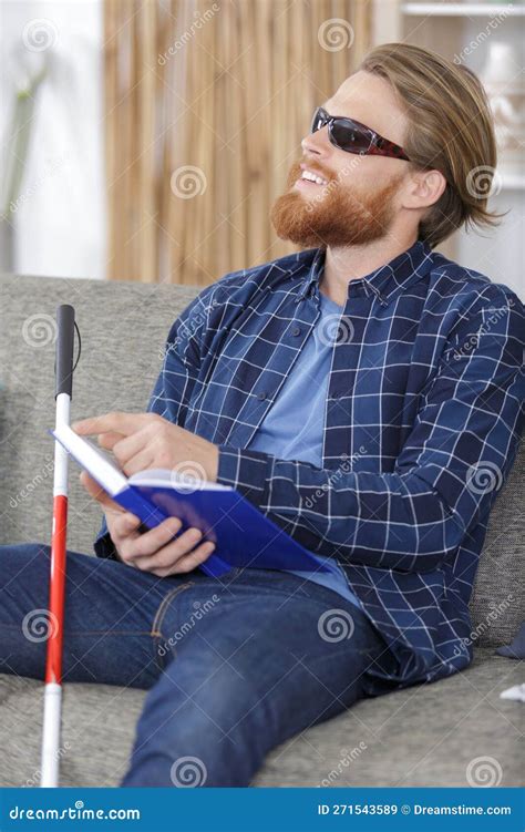 Blind Man Reading Braille Book On Sofa Stock Image Image Of Script