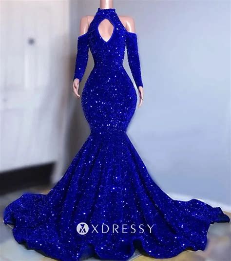 Fashion Royal Blue Sequin Long Sleeves Prom Dress Xdressy