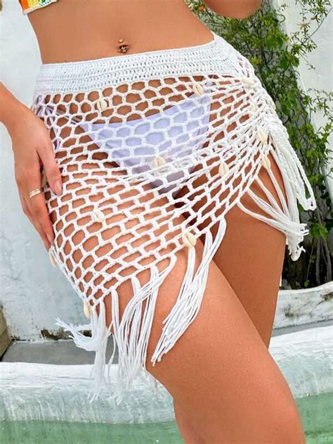 Shein Swim Bohofeel Hollow Out Fringe Hem Crochet Cover Up Skirt