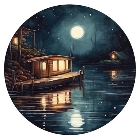 Pintura De Un Barco En Un Lago De Noche Con Luna Llena Generativa Ai