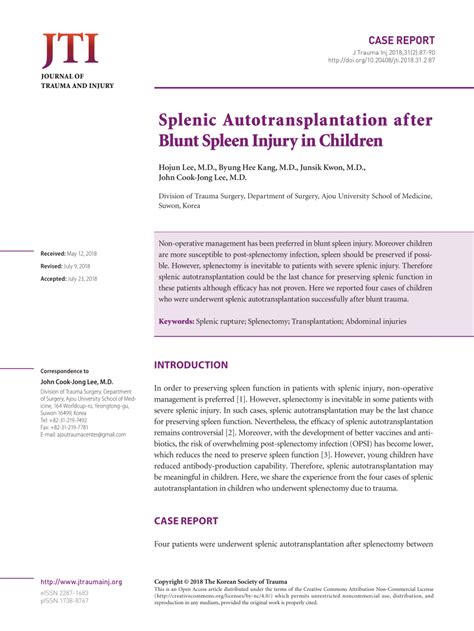 (PDF) Splenic Autotransplantation after Blunt Spleen Injury in Children