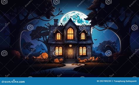 Caricatura De La Casa Embrujada De Halloween Y La Luna Llena Stock De