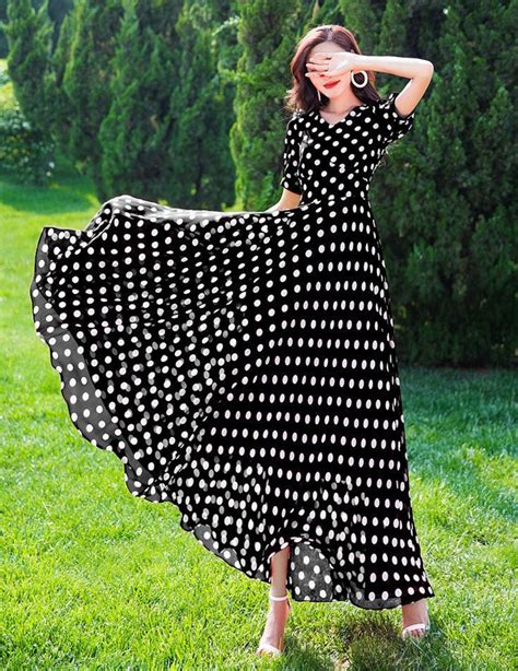 Polka Dot Dress Black Chiffon Dress Short Sleeve Long Dress Etsy