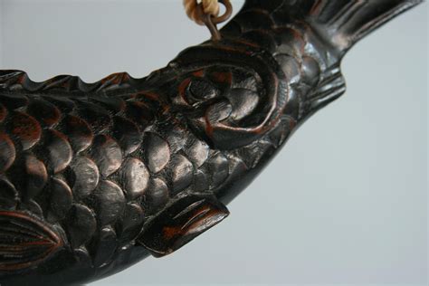 Japanese Huge Antique Hand Carved Wood Koi Good Fortune Fish 19th