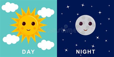 Day and Night Illustrations with Funny Smiling Cartoon Characters of Sun and Moon Stock Vector ...