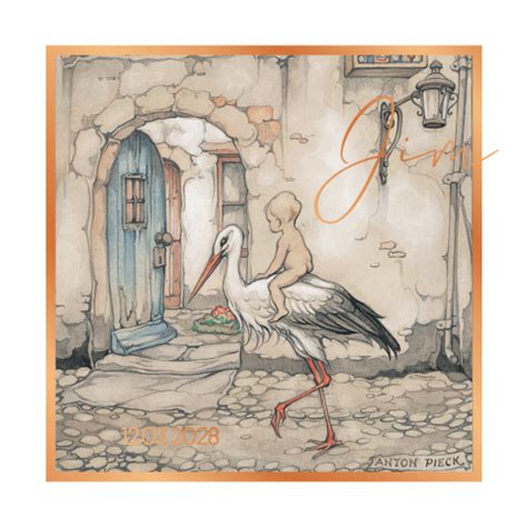 Anton Pieck Geboortekaart Baby Ooievaar Koperfolie