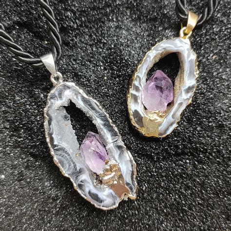 Nat Rliche Ausgeh Hlte Achat Geode Slice Druzy Anh Nger Mit Amethyst