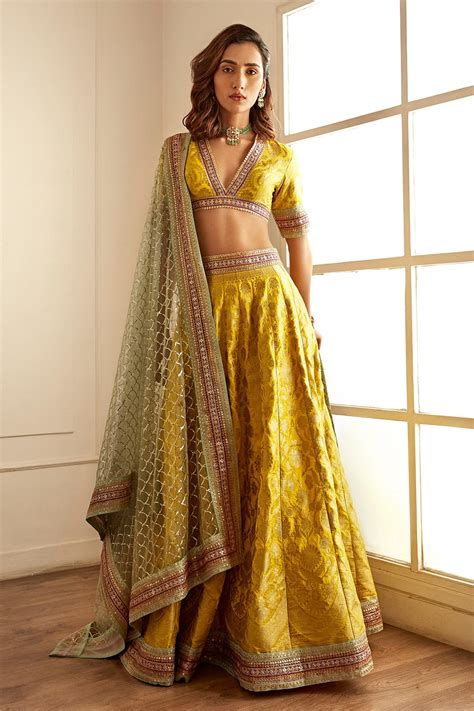 Buy Yellow Banarasi Silk Embroidery Sequins Plunge V Zari Border