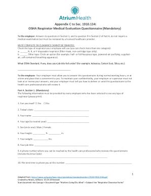 Fillable Online Respirator Medical Evaluation Questionnaire Mandatory