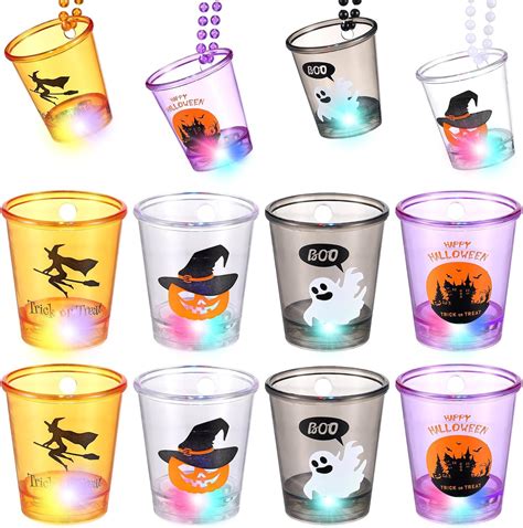 Tioncy 24 Pcs Halloween Light Up Shot Glass Necklaces On Beaded Plastic Shot Glasses