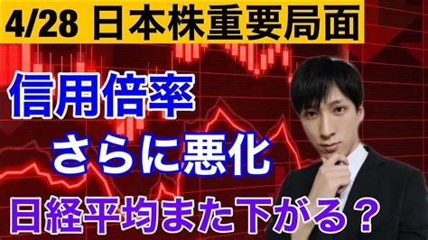 【日本株重要局面】日経平均また下がる？信用倍率さらに悪化。決算後の急落に注意。需給悪化銘柄リスク高い。マザーズ軟調。ファナック上昇