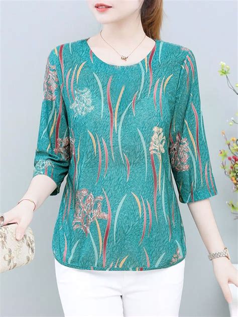 Round Neck Geometric Print Five Point Sleeve Blouse Cotton Tops Designs Ladies Tops Fashion