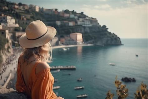 Una Mujer Con Sombrero Se Sienta En Una Cornisa Con Vistas Al Mar Y El