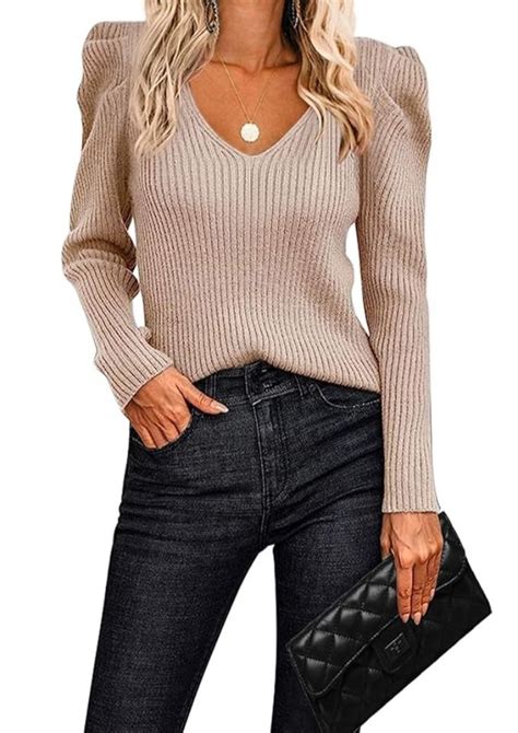 Zeagoo V Neck Sweaters For Women 2024 Casual Puff Sleeve Pullover