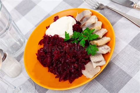 Pieces Of Herring With Beetroot Served On Plate Stock Photo Image Of