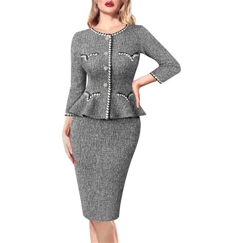 Vfshow Womens Tweed Buttons Peplum Work Business Office Bodycon Crew