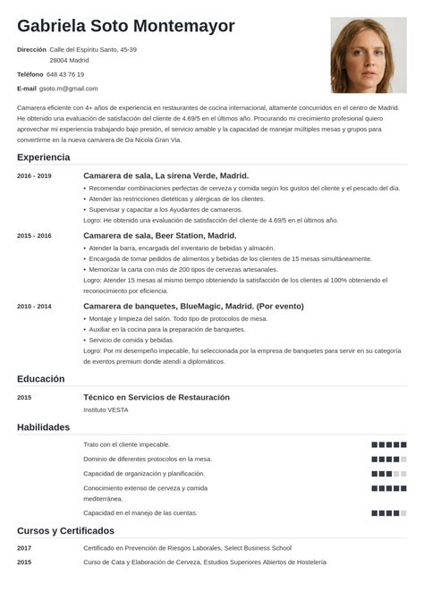 Modelo Y Ejemplos De Curriculum Vitae Como Camarero