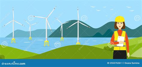 Offshore Wind Farm And An Engineer Banner Stock Vector Illustration Of Turbine Technology