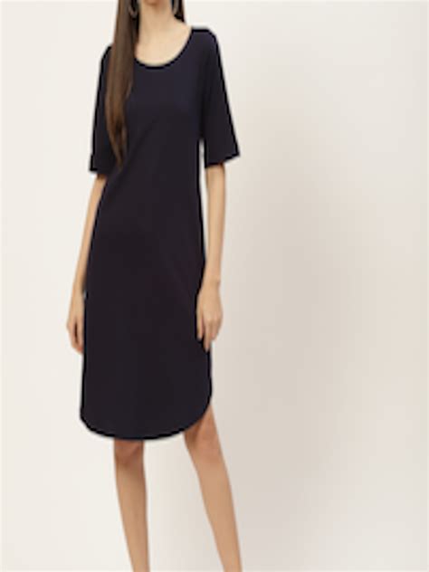 Buy Brinns Navy Blue Solid Pure Cotton A Line Midi Dress Dresses For