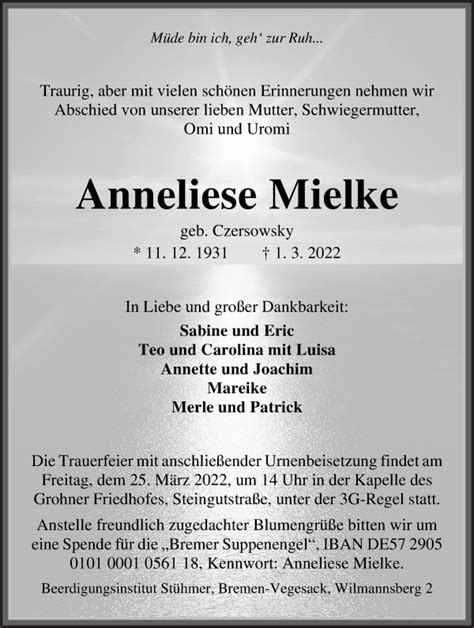 Traueranzeigen Von Anneliese Mielke Trauer Gedenken