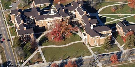 Aerial shot of Farmer School of Business in the fall