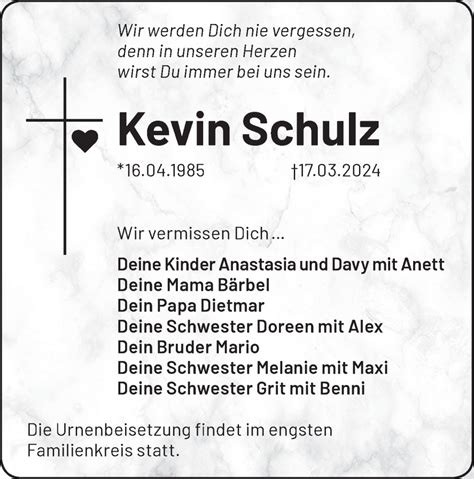 Traueranzeigen von Kevin Schulz Märkische Onlinezeitung Trauerportal