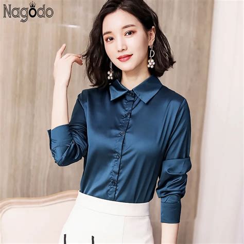 Nagodo Office Lady Women Shirts Korean Satin Silk Blouse Shirt