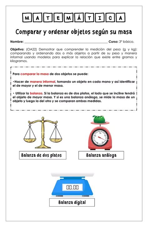 Guía de trabajo Comparar y ordenar objetos según su masa 3 básico