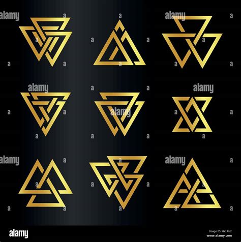 Isolated Abstract Golden Color Triangles Contour Logo Set On Black