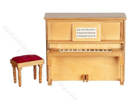 Miniature Oak Upright Piano With Music And Bench For Dollhouses Azt