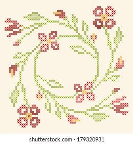 Vector Imitation Vintage Crossstitch Floral Ornate Stock Vector