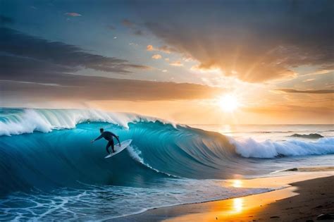 Premium AI Image | A surfer rides a wave at sunset.