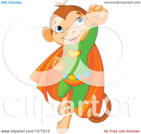 Clipart Of A Cute Super Hero Monkey Flying In A Green Suit And Orange