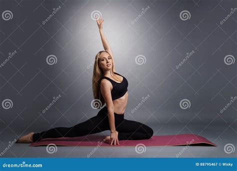 Pretty Blonde Fitness Trainer Exercising In Studio Stock Image Image Of Acrobatics Beautiful