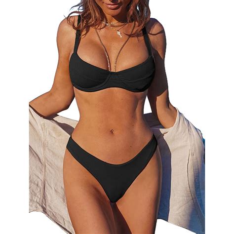 Zaful Women S Ribbed Underwire Bikini High Cut V Notch Smocked Swimwear