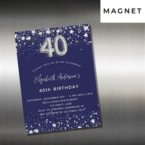 Th Birthday Navy Blue Silver Stars Luxury Magnetic Invitation Zazzle