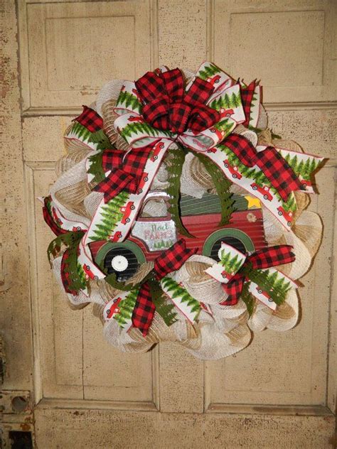 Christmas Red Truck Buffalo Plaid Mesh Door Wreath Christmas Red Truck