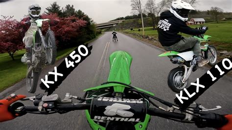 Mod Klx110 Pit Bike And Kx450 Crazy Road Wheelies Youtube