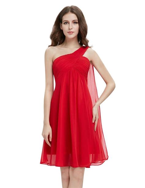 One Shoulder Ruffles Padded Chiffon Short Prom Dress Red Prom Dresses