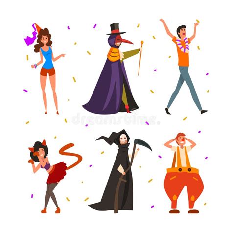 People Characters Wearing Carnival Or Masquerade Costumes Vector