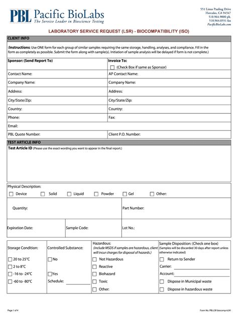 Fillable Online Laboratory Service Request Lsr Biocompatibility