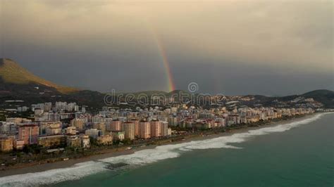 Rainbow at Sea and City Aerial View 4 K Stock Footage - Video of horizon, weather: 266390352