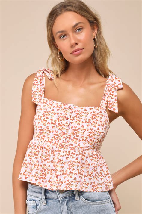 Ivory And Pink Floral Top Tie Strap Top Sleeveless Peplum Top Lulus